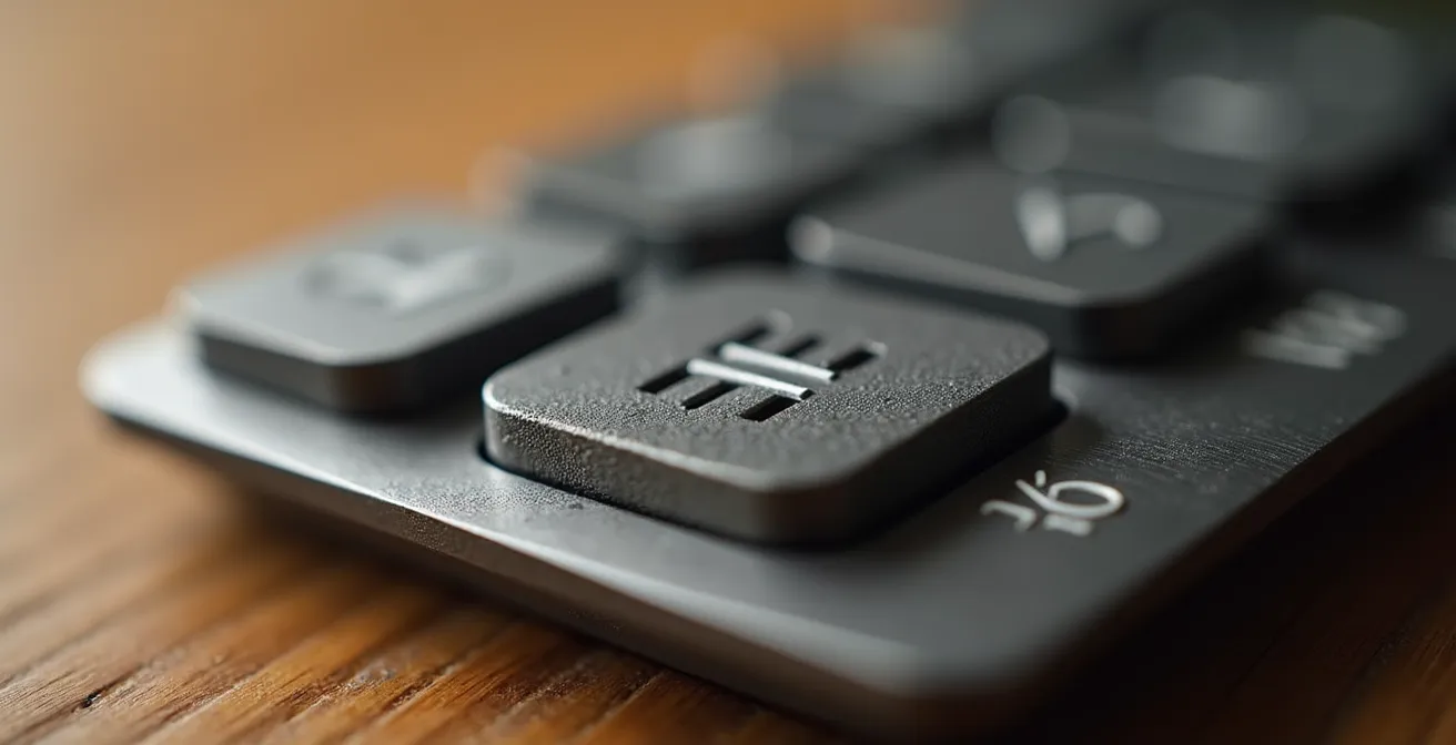 Détail macro d'une calculatrice moderne avec reflets métalliques