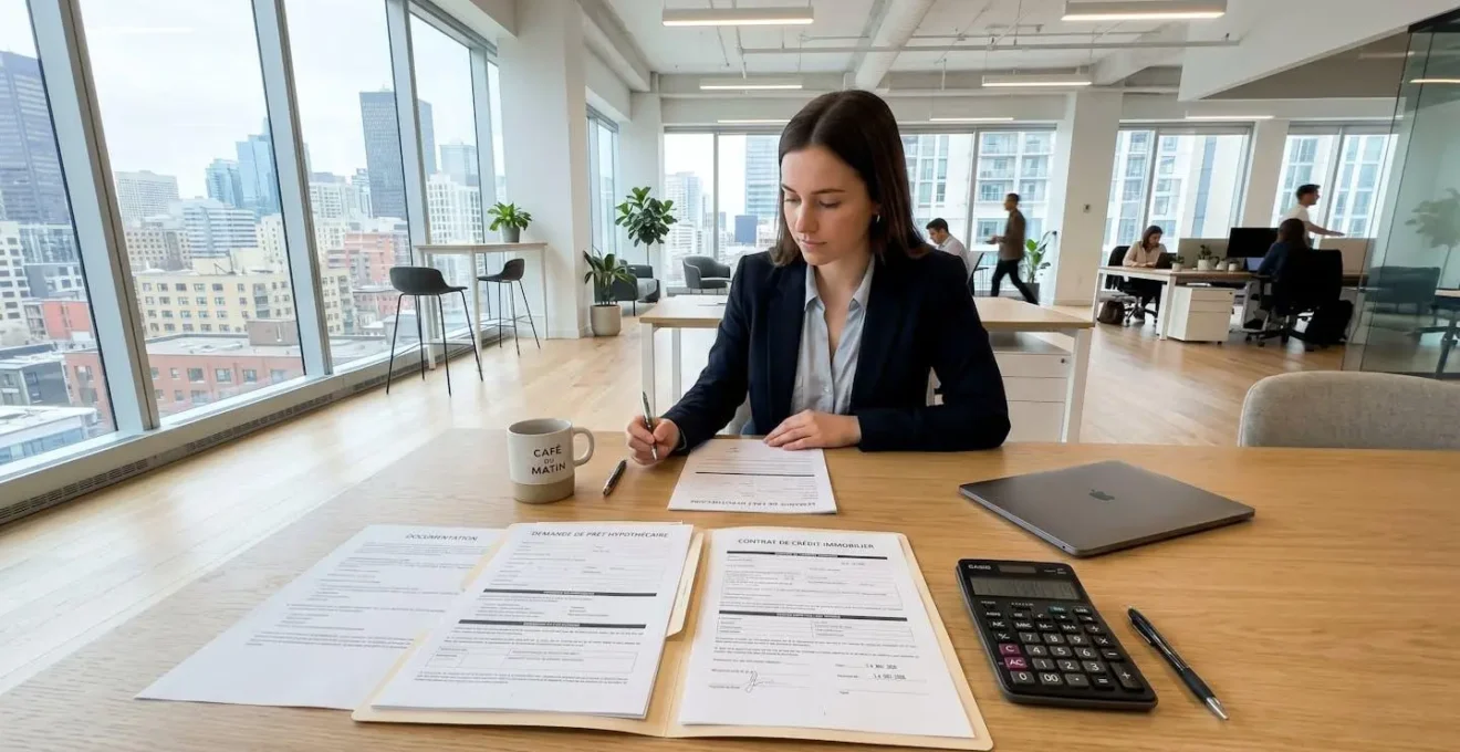 Bureau contemporain lumineux avec documents de prêt immobilier, calculatrice et clavier d'ordinateur