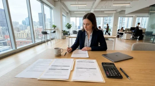 Bureau contemporain lumineux avec documents de prêt immobilier, calculatrice et clavier d'ordinateur
