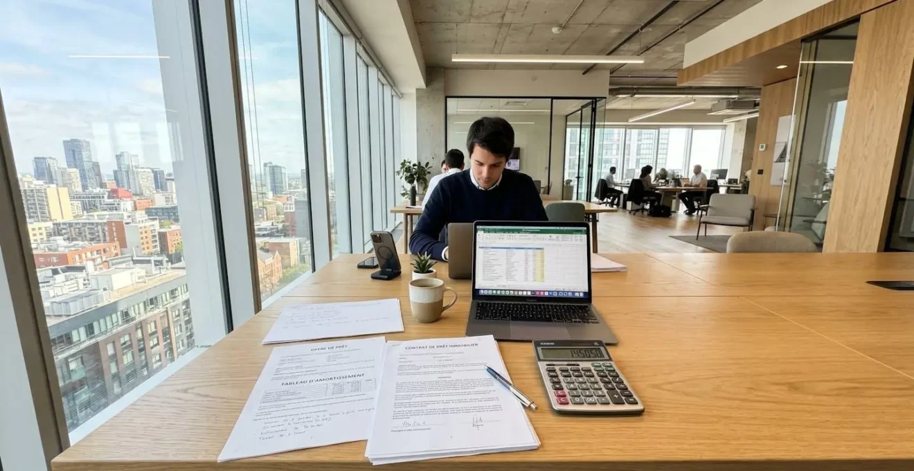 Bureau contemporain lumineux avec documents de prêt immobilier, calculatrice et clavier d'ordinateur
