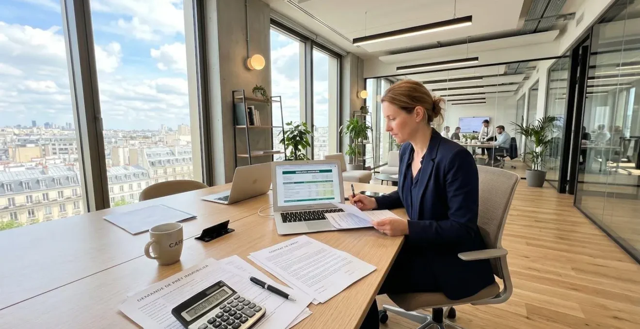 Bureau contemporain lumineux avec documents de prêt immobilier, calculatrice et clavier d'ordinateur