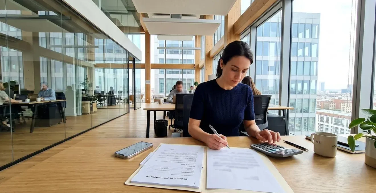 Bureau contemporain lumineux avec documents de prêt immobilier, calculatrice et clavier d'ordinateur