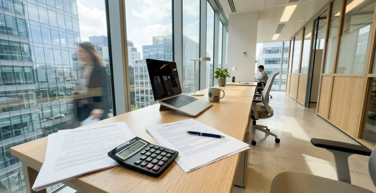 Bureau contemporain lumineux avec documents de prêt immobilier, calculatrice et clavier d'ordinateur