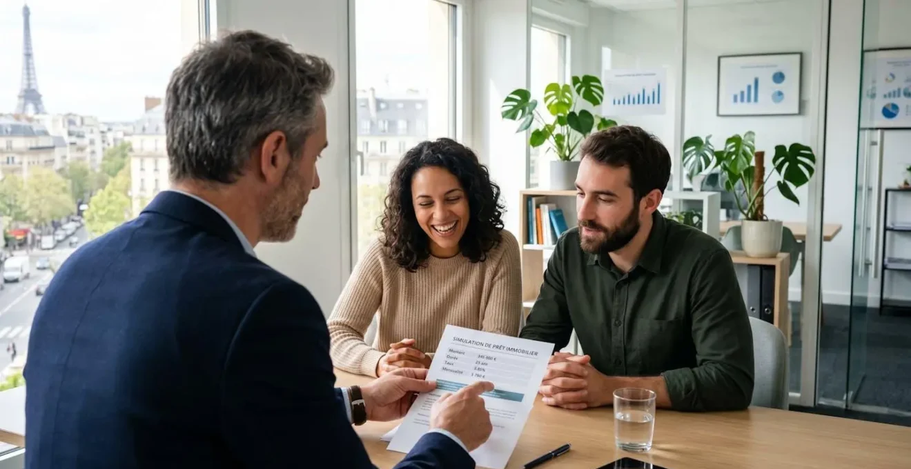 Conseiller vu de dos montrant un document de simulation de prêt à un jeune couple dans un bureau lumineux moderne