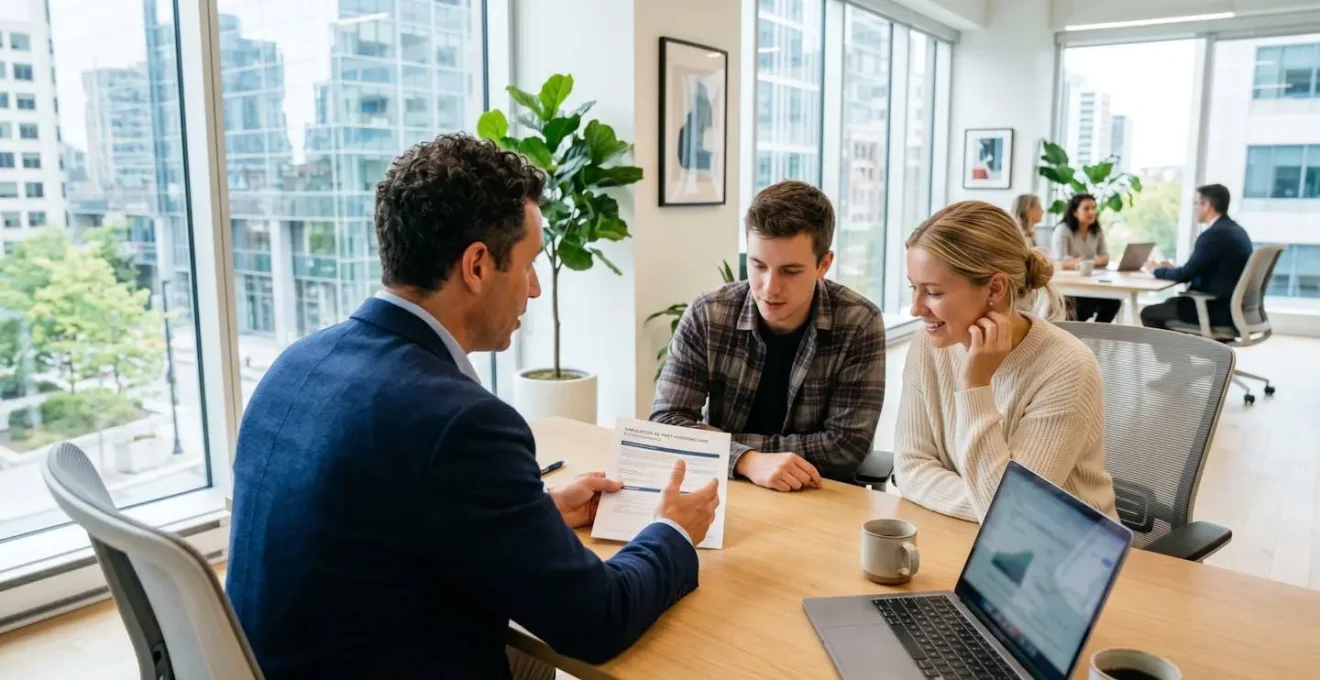 Conseiller vu de dos montrant un document de simulation de prêt à un jeune couple dans un bureau lumineux moderne