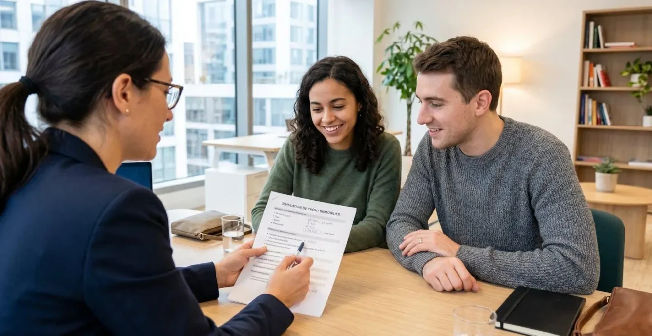 Conseiller vu de dos montrant un document de simulation de prêt à un jeune couple dans un bureau lumineux moderne