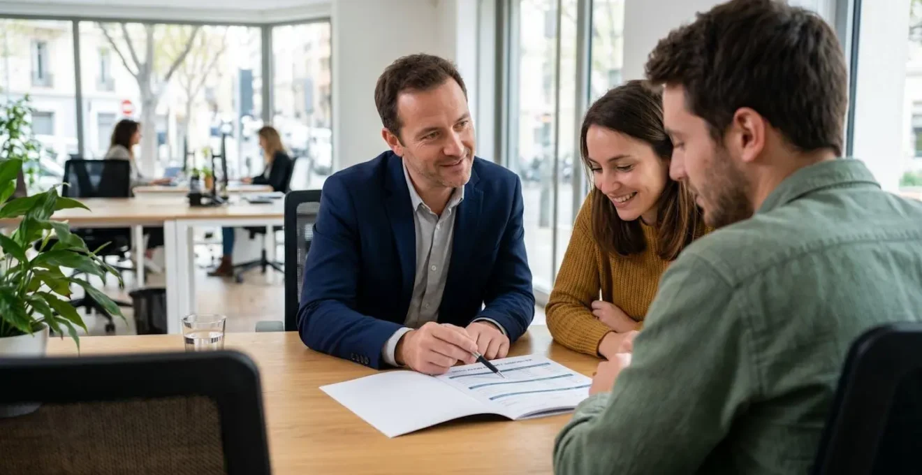 Conseiller vu de dos montrant un document de simulation de prêt à un jeune couple dans un bureau lumineux moderne