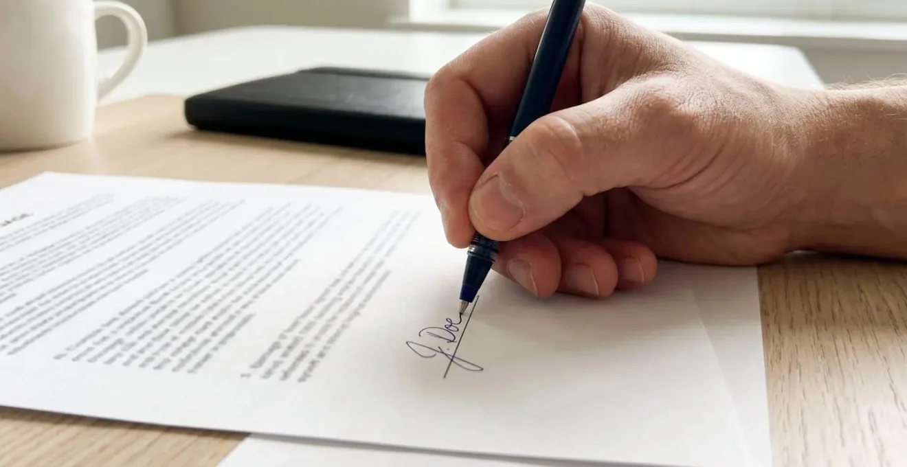 Gros plan sur une main signant un contrat de prêt immobilier avec un stylo, mise au point nette sur le geste de signature