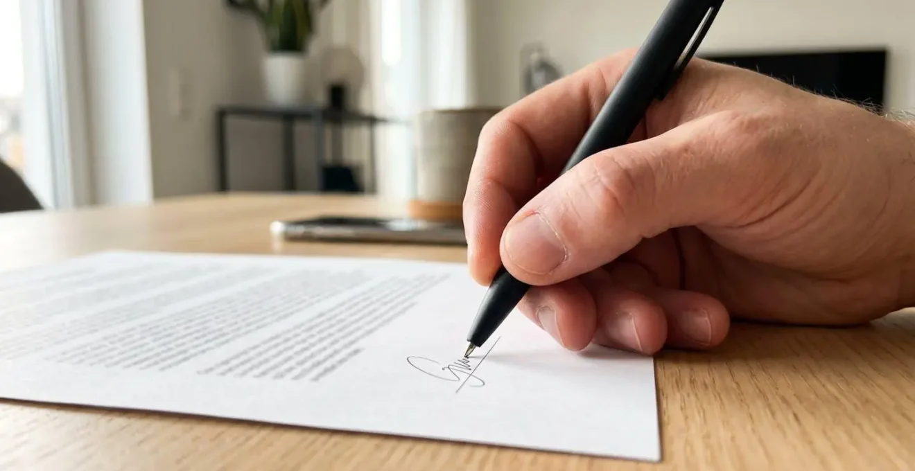 Gros plan sur une main signant un contrat de prêt immobilier avec un stylo, mise au point nette sur le geste de signature