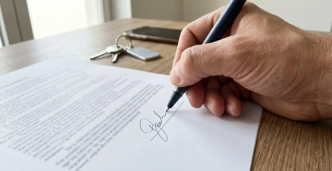 Gros plan sur une main signant un contrat de prêt immobilier avec un stylo, mise au point nette sur le geste de signature