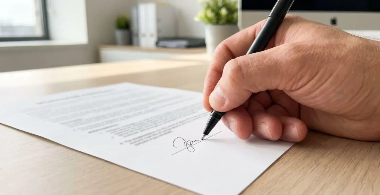 Gros plan sur une main signant un contrat de prêt immobilier avec un stylo, mise au point nette sur le geste de signature
