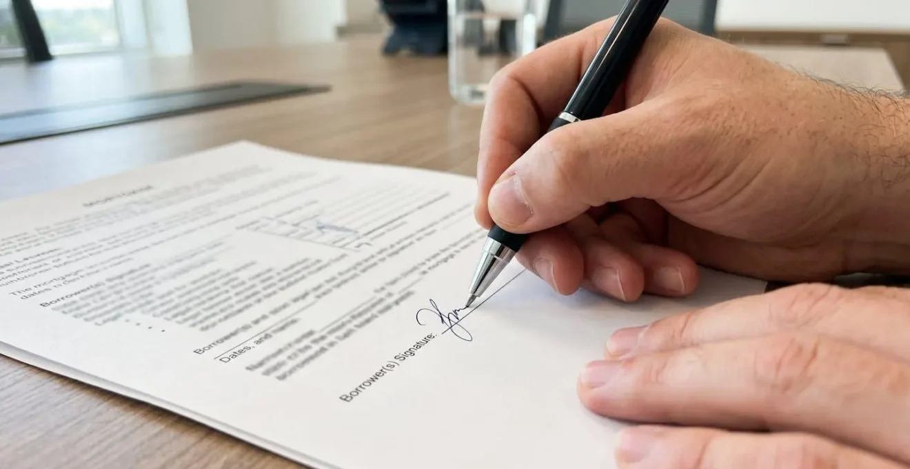Gros plan sur une main signant un contrat de prêt immobilier avec un stylo, mise au point nette sur le geste de signature