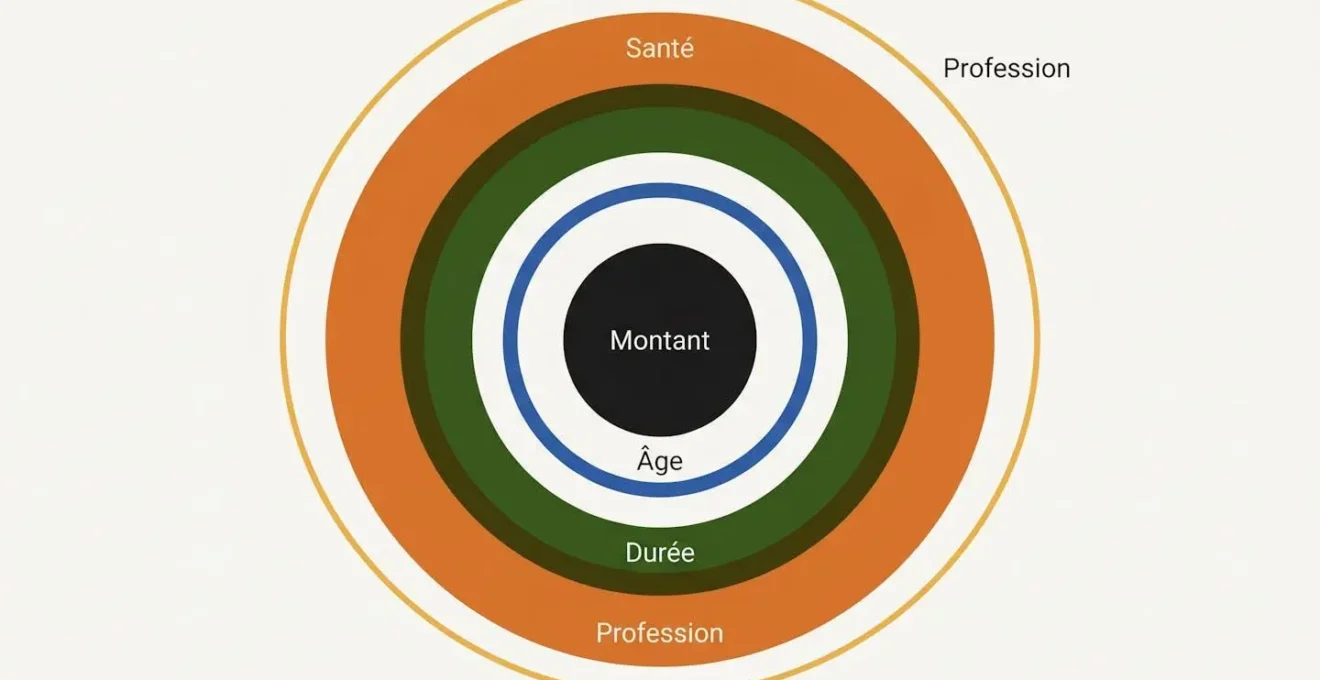 Composition abstraite de cercles concentriques de différentes largeurs et couleurs (bleu, vert, orange, jaune) autour d'un centre noir, symbolisant les multiples facteurs impactant le calcul du tarif d'assurance emprunteur