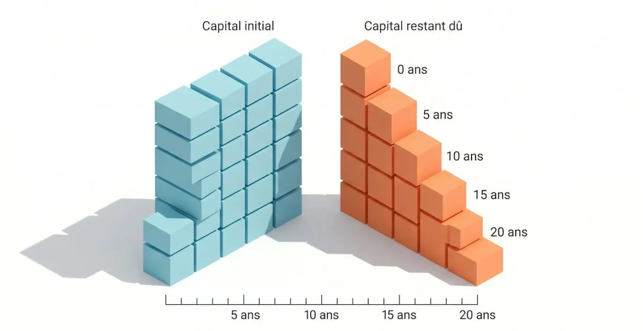 Illustration 3D isométrique montrant deux colonnes de blocs : gauche avec blocs uniformes bleus symbolisant cotisation fixe sur capital initial, droite avec blocs décroissants orange symbolisant cotisation dégressive sur capital restant dû, sur timeline de 20 ans