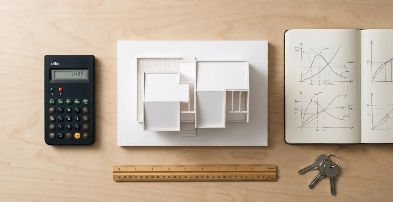 Vue de dessus d'une composition minimaliste sur table en bois clair montrant une maquette de maison blanche entourée d'une calculatrice, d'une règle d'architecte, de carnets avec courbes financières et de clés métalliques, éclairée par lumière naturelle douce