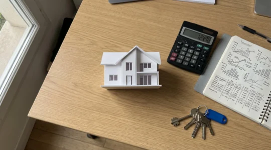 Vue de dessus d'une composition minimaliste sur table en bois clair montrant une maquette de maison blanche entourée d'une calculatrice, d'une règle d'architecte, de carnets avec courbes financières et de clés métalliques, éclairée par lumière naturelle douce