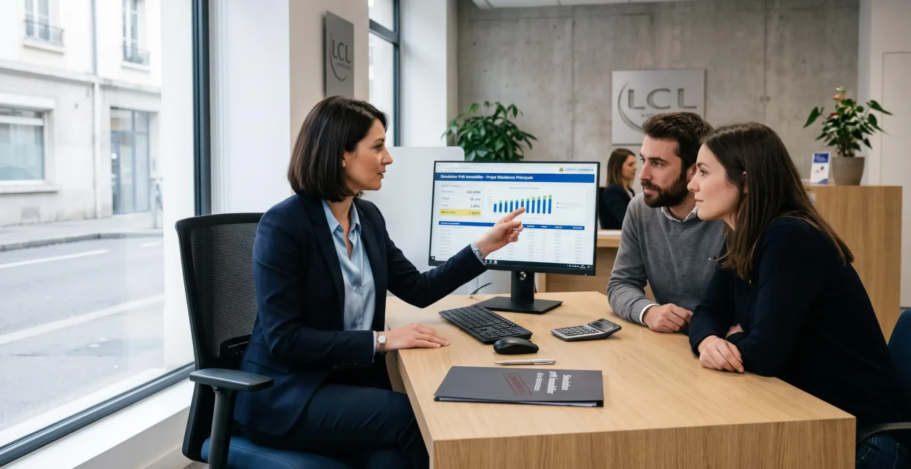 Conseiller bancaire présentant à un couple de clients des résultats de simulation de prêt immobilier affichés sur écran d'ordinateur dans un bureau d'agence, avec dossier et documents sur le bureau