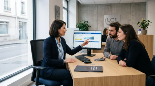 Conseiller bancaire présentant à un couple de clients des résultats de simulation de prêt immobilier affichés sur écran d'ordinateur dans un bureau d'agence, avec dossier et documents sur le bureau