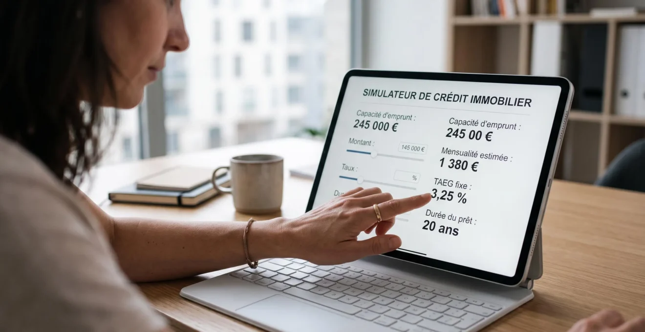 Écran de tablette affichant les résultats d'un simulateur de prêt immobilier en français avec capacité d'emprunt, mensualité et TAEG visibles, main d'utilisateur consultant les données