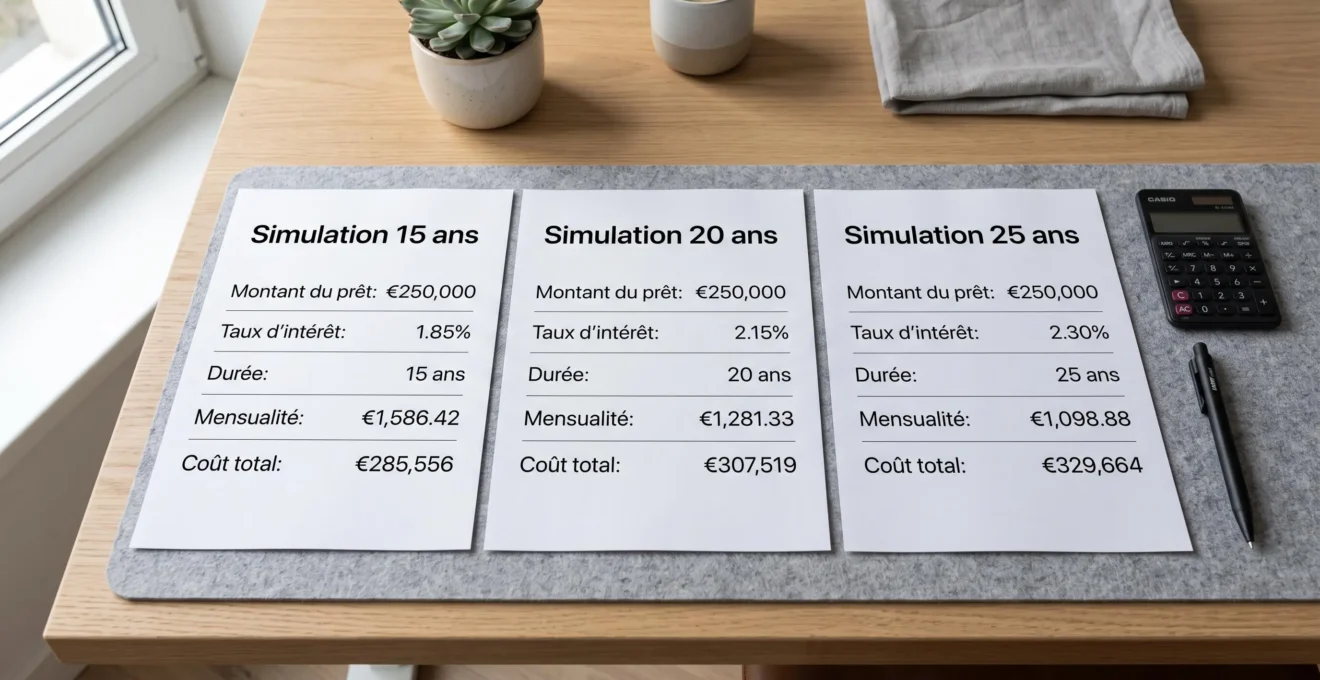Trois documents de simulation de prêt immobilier disposés côte à côte sur un bureau montrant des durées différentes (15, 20 et 25 ans) avec mensualités et coûts totaux visibles en français