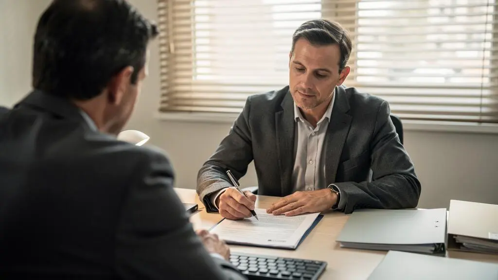 Un conseiller bancaire explique un document de prêt à un client.