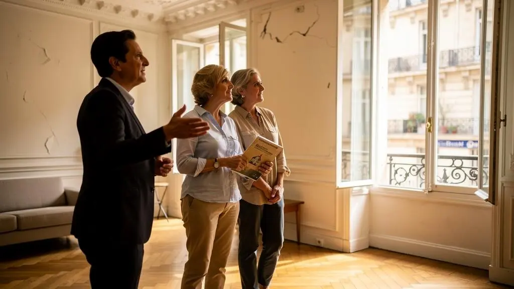 Un couple et un agent immobilier visitent le salon d'un appartement en vente.