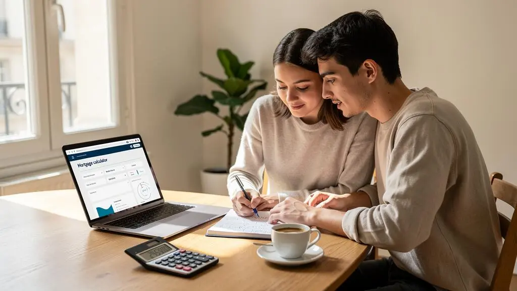 Un couple calcule son budget immobilier autour d'un ordinateur portable et d'une calculatrice.
