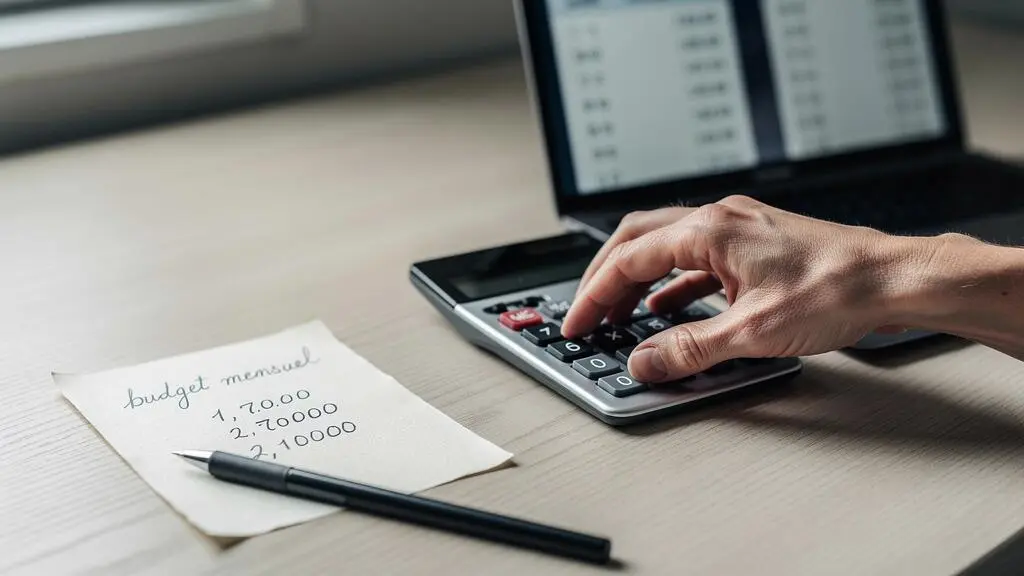 Une main saisit des montants sur une calculatrice posée sur un bureau en bois.