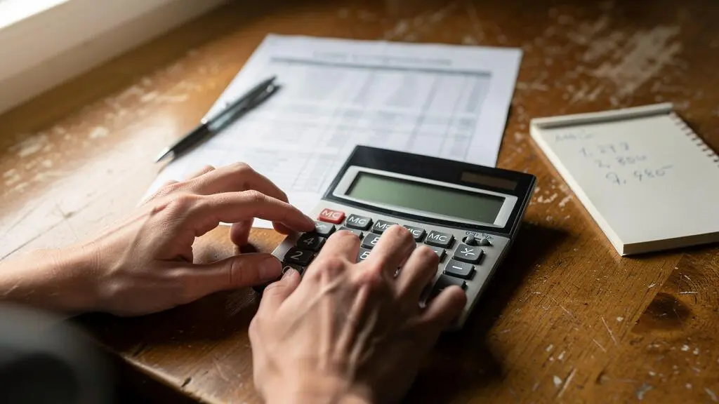 Des mains calculent le coût d'un prêt sur une table de cuisine.